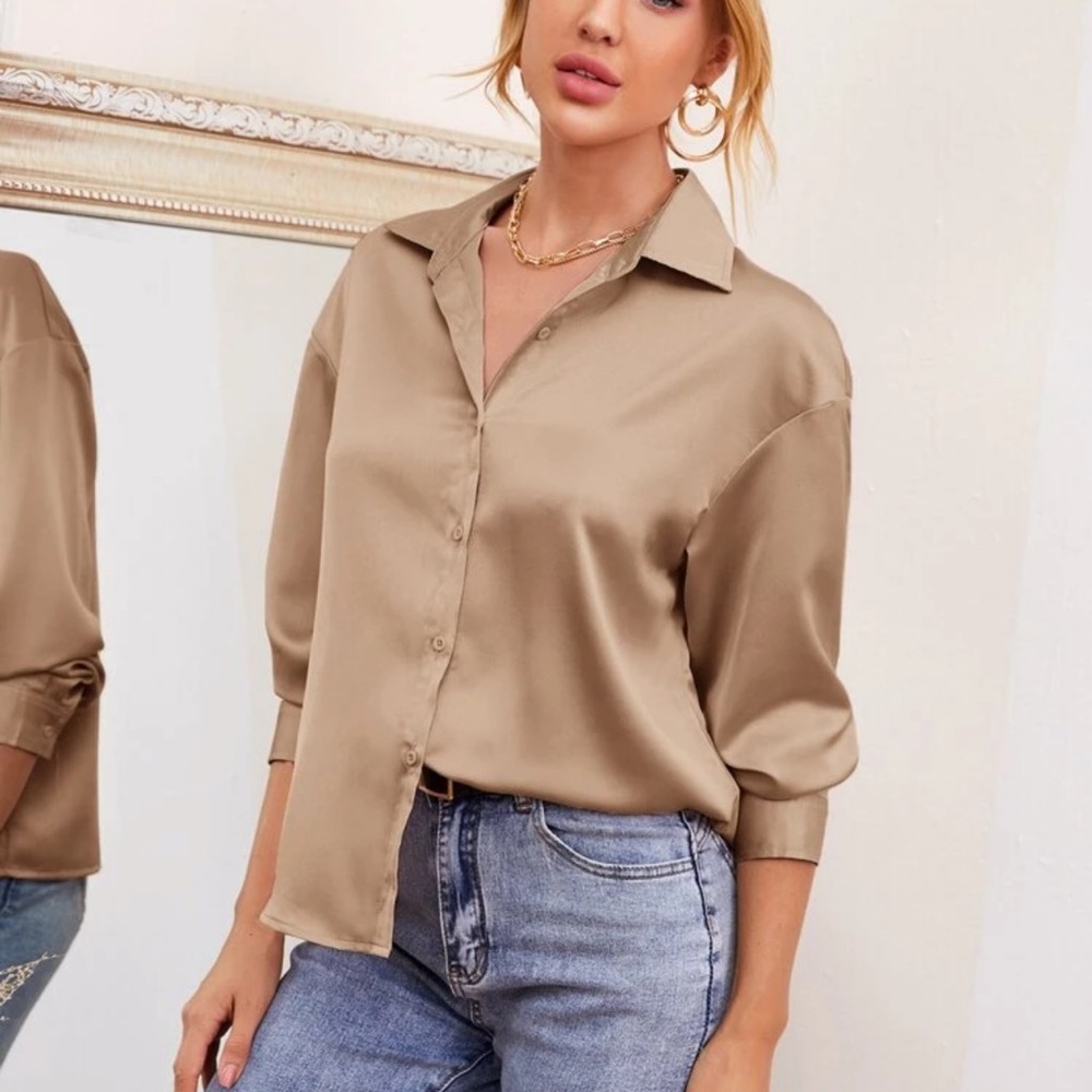 Satin silky button up blouse oversized dusty pink - Picture 6 of 7